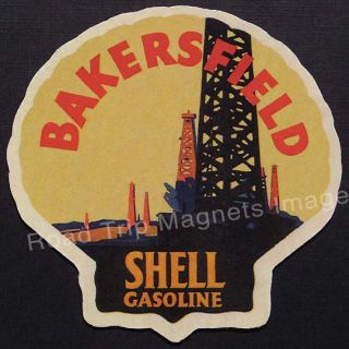 Shell Gasoline Bakersfield 1920s Travel Decal Magnet w Oil Derrick 