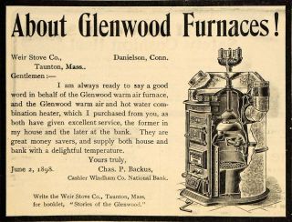  Glenwood Furnace Weir Stove Taunton Backus Bank   ORIGINAL ADVERTISING