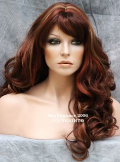   Wavy Curly Red Auburn Blonde Mix Wig Skin Top Bangs 27H33H130