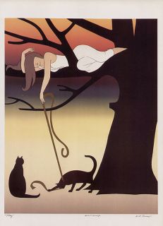 WILL BARNET print woman in tree with cats PLAY