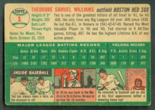 TEDDY BALLGAME: 1954 Topps Baseball #1 Ted Williams Card   NICE!