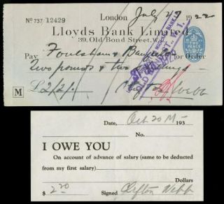 Clifton Webb Vintage 1922 Signed 2 ea Lloyds Check Autographed Lloyds 