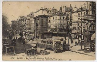 1909 Paris France Blvd Saint Martin Early Cars Bus Horses Postcard 