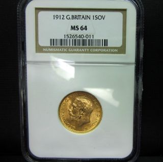 1912 GREAT BRITAIN GOLD 1 SOVEREIGN ★ NGC MS 64 ★ UK ENGLAND SOV 