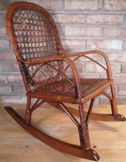 ANTIQUE CHILDS RATTAN ROCKING CHAIR W/ CANED SEAT & BACK VERY 