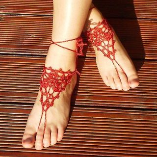 Red Crochet Barefoot Sandals Beach Pool Wear Yoga Shoes Boho Goth 