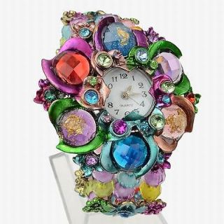 Vintage Lucite Crystal Stretch Flower Multicolor Bangle Watch LB1040K