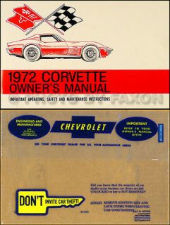 1972 Corvette Stingray Owners Manual Package with Cover Owner Guide 