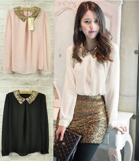 sequined collared women chiffon blouse shirt s m black pink