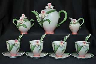 FRANZ Sculptured Porcelain Slipper Orchid Tea Serving Set New