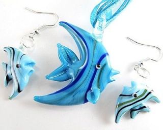 HOT SALE!Blue tropical Fish Lampwork Murano Glass Pendant Necklace 