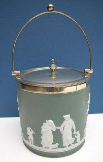 Wedgwood Green Jasperware Biscuit Barrel with Silverplate Lid and 