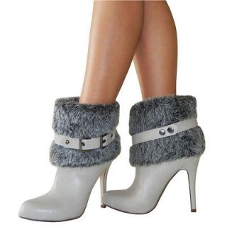 Trendy City Look Faux Fur Flap Buckle Strap Slip in Heel Ankle Boots 