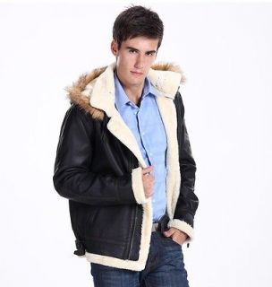 New Mens Faux Leather Bomber Jacket Coat with faux fur lining Hooded 