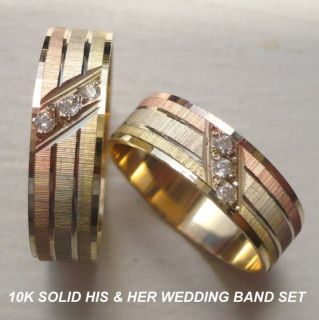 14K TRICOLOR GOLD HIS AND HER WEDDING BAND THREE STONE RING SET size 5 