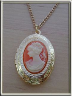Classic Pink Cameo on Gold Locket / Pendant & 18 Long Chain, Comes in 