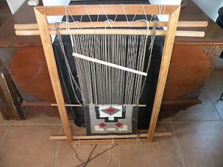 Vintage Navajo, loom w partial rug, weaving, textile, woven w wooden 