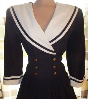 Vintage 80s 50s Full Sweep Nautical Sailor Swing Dress Rockabilly Pin 