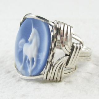 Unicorn Blue Agate Cameo Ring Sterling Silver Jewelry