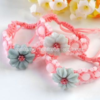 Hand Knitted White Jade Flower Bracelet Tensible Pink Adjustable 
