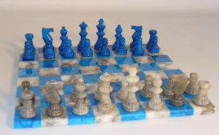 Alabaster Marble Chess Set Blue Gray Board 14 K 3 AST1BG