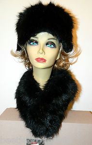Adrienne Landau Black Faux Mink Fur Stole Wrap and Hat