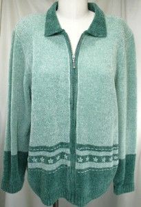 Alfred Dunner Chenille Sweater L Zip Front Lt DK Green Jacket Sweater 