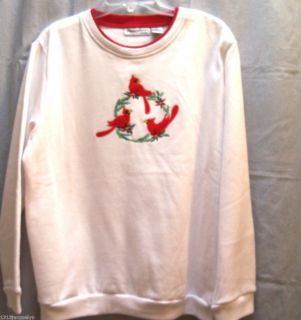Allyson Whitmore Womans Christmas White w Red Cardinals Deco Sweattop 