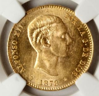 Spain 25 Pesetas 1878 NGC UNC Details Gold Alfonso XXII