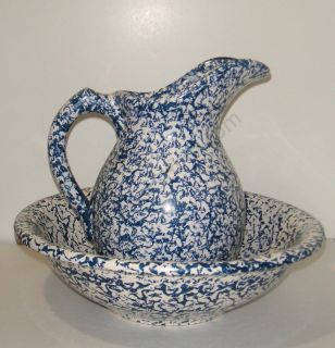 McCoy PITCHER AND BASIN Wash Set SPONGE WARE Blue and White