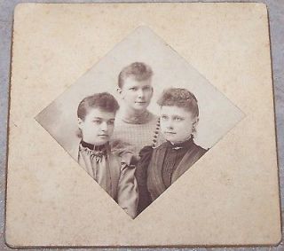 Antique Photograph Late Victorian 3 Young Women Paper on Board 3 x 3 