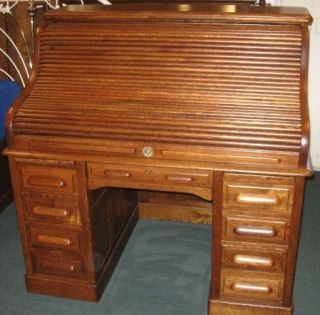Antique American Quarter Sawed Oak Roll Top Desk 1890S