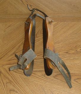 Antique Vintage Ice Skates Wood Leather and Metal Old Strap On