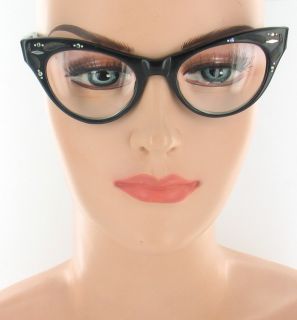 Vintage Cat Eye Glasses Eyeglasses Black Lucite Rhinestones Raybert 