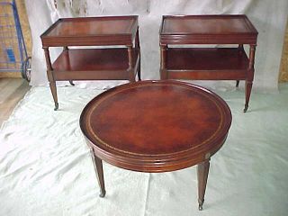 Antique 1940s Pair Mahogany Leather Top End Lamp Tables + Matching 