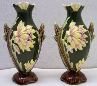 Antique Old Majolica Pottery Vases Flower Leaf Vintage