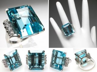 Retro vintage Natural Aquamarine & Diamond Ring Solid Platinum