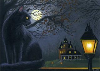 Black Cat Haunted House Lamp Moon Halloween Limited Edition ACEO Print 