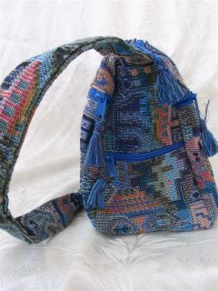 Woven Fabric Handbag Purse Tote Bag 4 Pocket Shoulder Blue Ethnic 