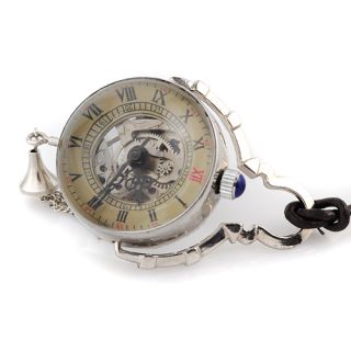 Nice Crystal Ball Mechanical Pocket Watch Skeleton Silver Bell 