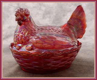 Iridescent Red Carnival Glass LRG Hen on Nest Salt Dish