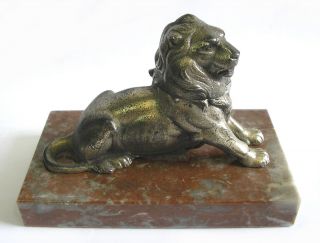 Belfort Lion Inkwell Statue France Metal on Marble 1950