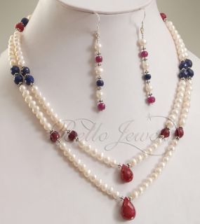 Beaded Double Strand Fresh Water Pearl Necklace with African Rubies 