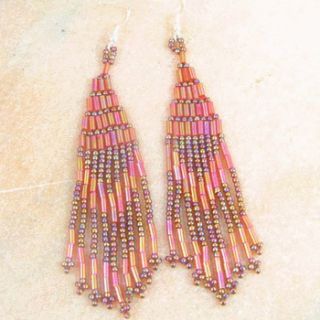 Iris Pink Brown Bugle Seed Beaded Earrings Wholesale