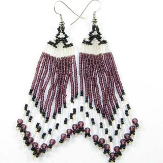 Purple White Black Beaded Earrings Chandelier Handmade