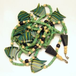   Chunky Necklace 3 Multi Strands Green Striped Wood Fish Beads