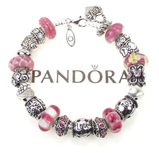   Pandora Bracelet Pink Murano Bead Live Love Laugh Joy Words Charm