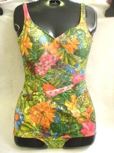 Vintage 60s Rose Marie Reid Tropical Floral Pin Up Bathing Swimsuit 
