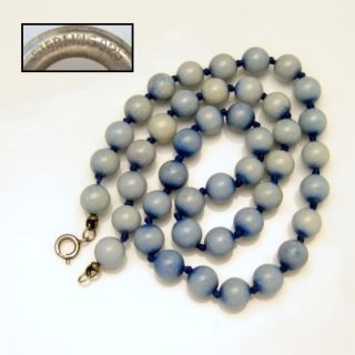 Vintage Stone Beads Necklace Sterling Clasp Knotted Light Pale Blue 