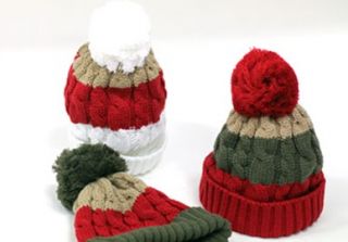 Fold Up Cable Border Knit Winter Beanie Ski Hat Bobble Pom Pom 